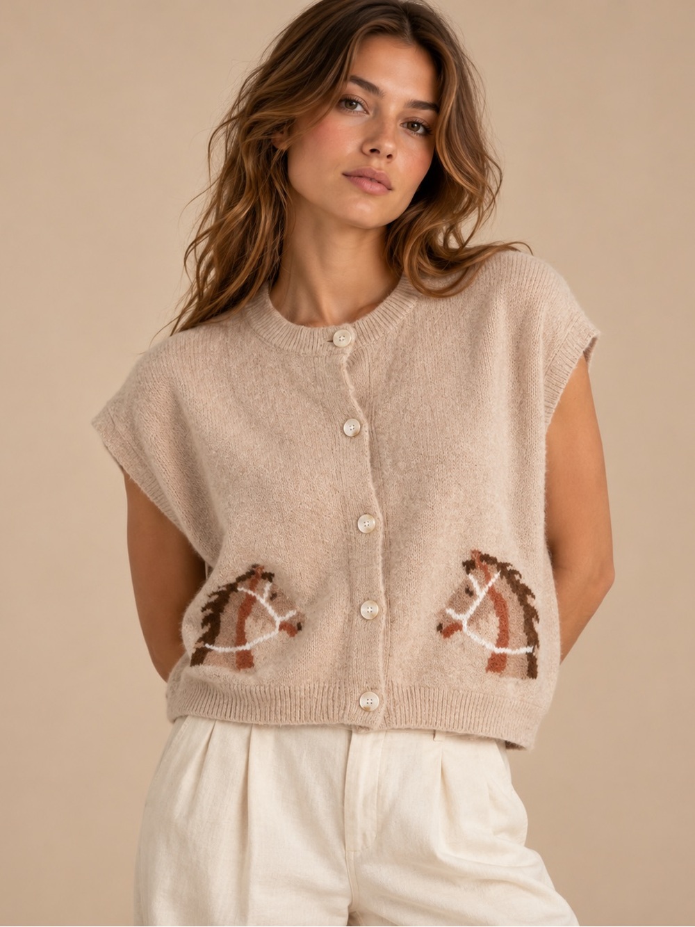 Debut Horse Equestrian Beige Sleeveless Cardigan Sweater Vest M/L